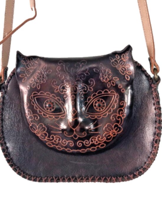 Source Unknown Handbags - Leather Cat Face Crossbody Bag Hand Tooled Embossed Black Boho Whipstitch